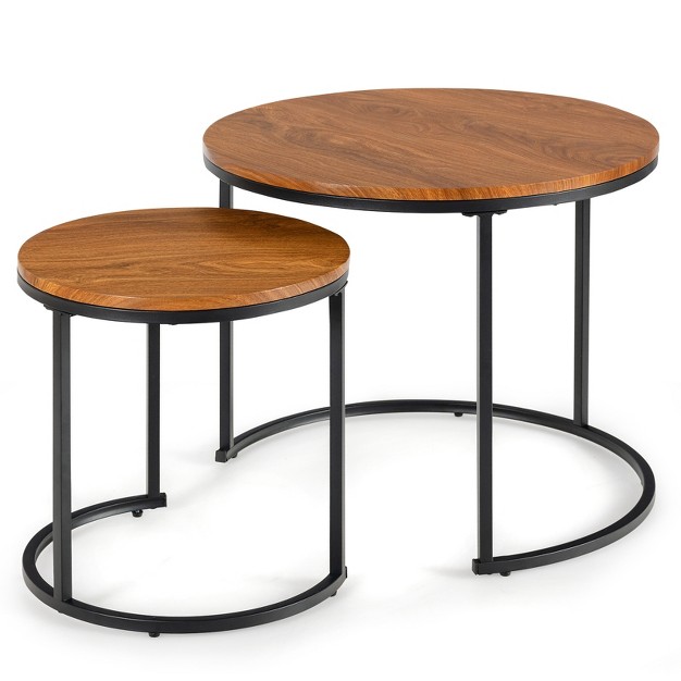 Tangkula 2pcs Stacking Metal Legs Modern Side Round Nesting Coffee Table W Wooden Tabletop For Living Room Rustic Brown brown