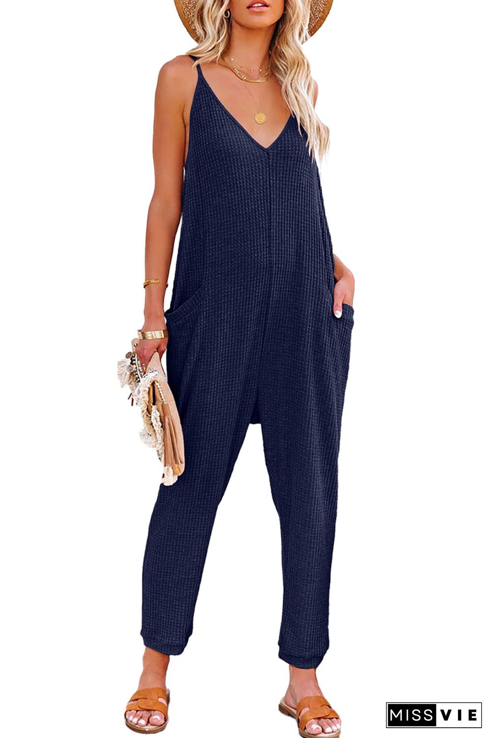 Blue Textured Sleeveless V-Neck Pocketed Casual Jumpsuit