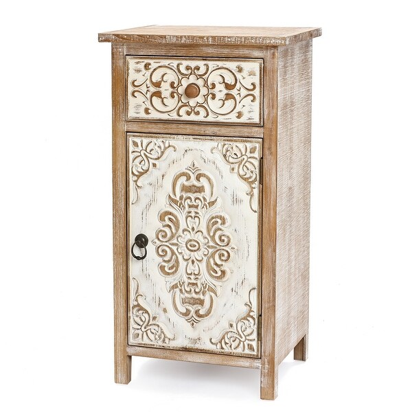 Distressed Floral Carved Wood 1-Door and 1-Drawer End Table with Storage - 30.13