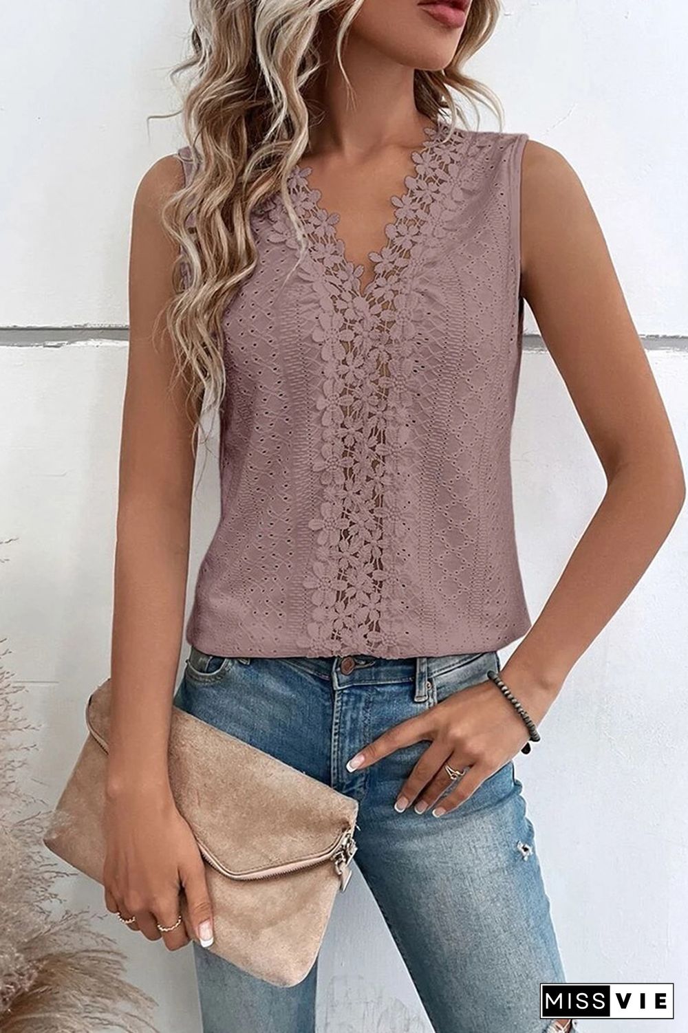 V Neck Jacquard Eyelet Tank Top