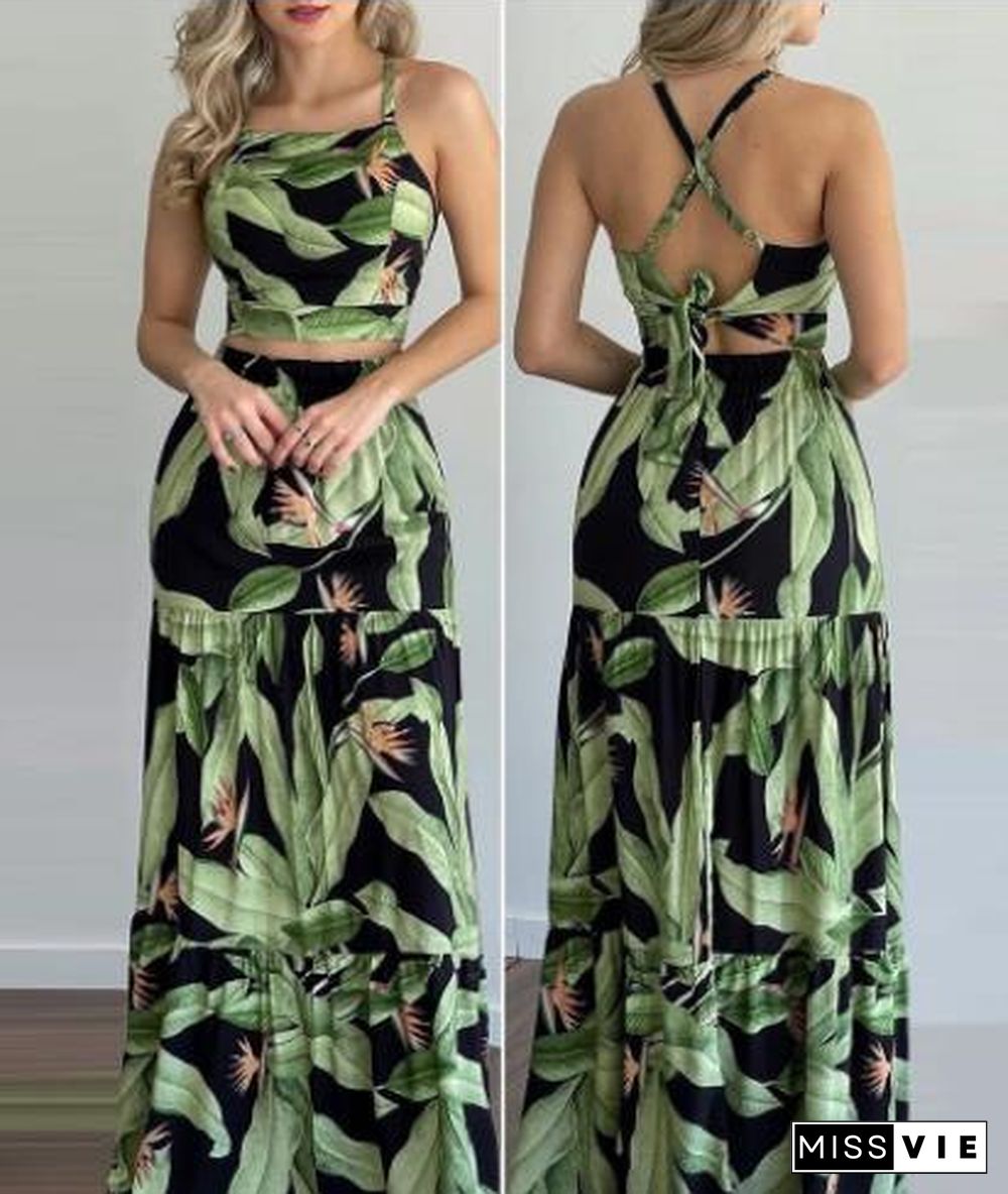 Sleeveless Green Plants Printed Casual Sexy Two Piece Dress