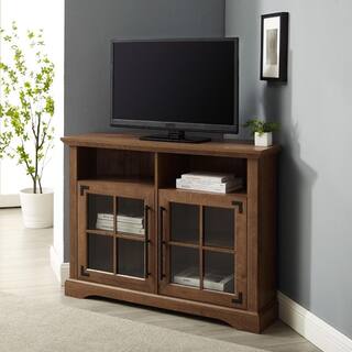 Welwick Designs 44 in. Natural Walnut Wood and Glass Transitional Farmhouse Window Pane Door Corner TV Stand Fits TVs up to 50 in. HD9055