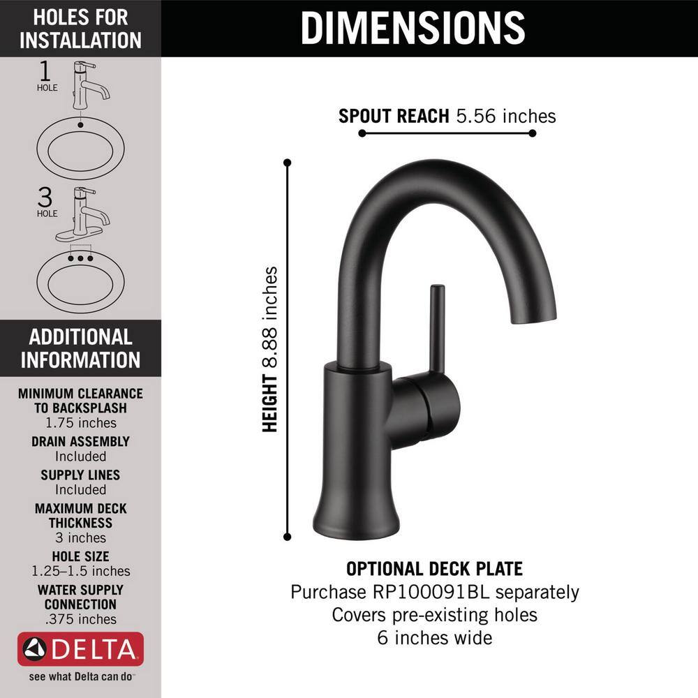 Delta Trinsic Single Hole Single-Handle Bathroom Faucet with Metal Drain Assembly in Matte Black 559HA-BL-DST