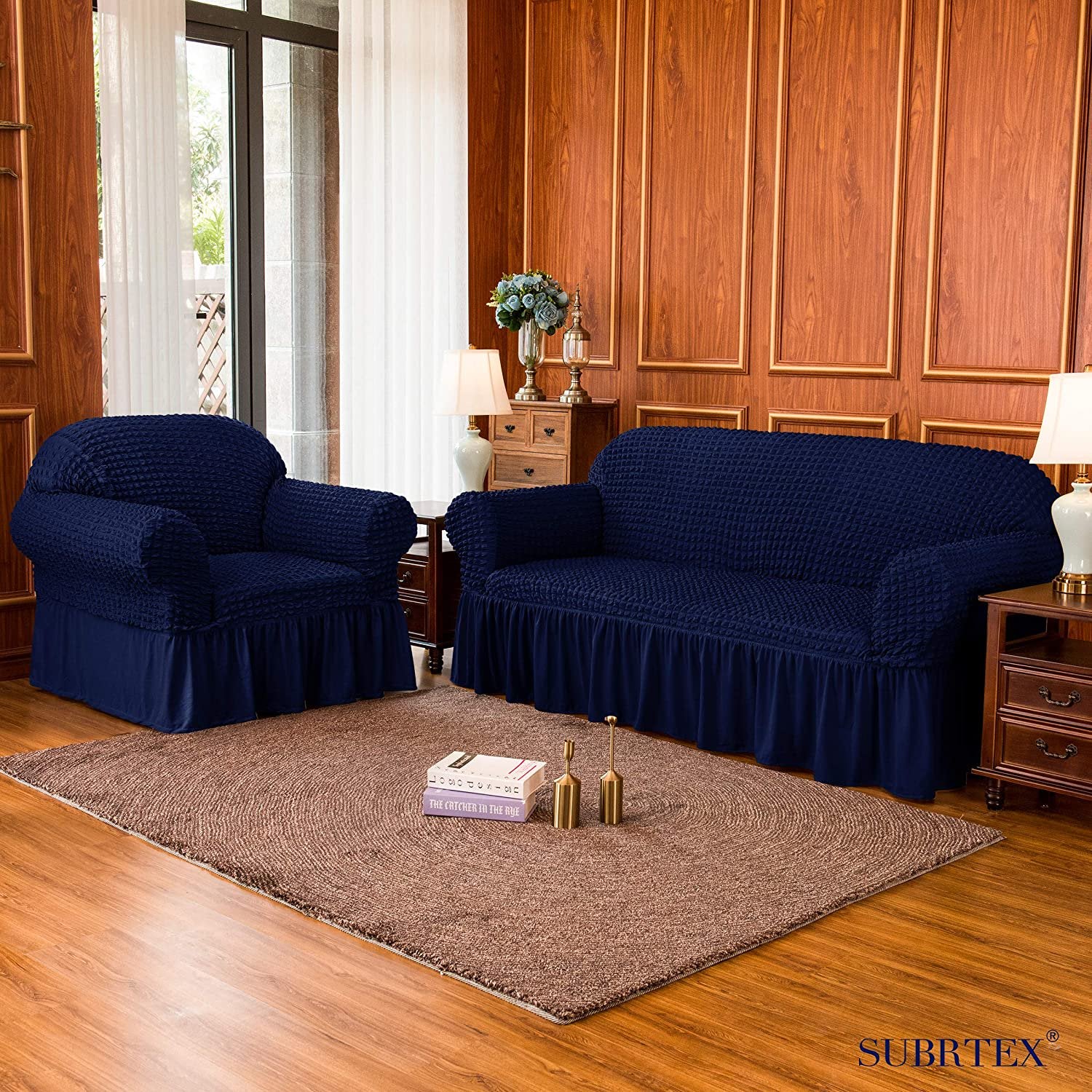 Subrtex 1-Piece Seersucker Sofa Slipcover Skirt Stretch Couch Cover (Loveseat, Navy Blue)