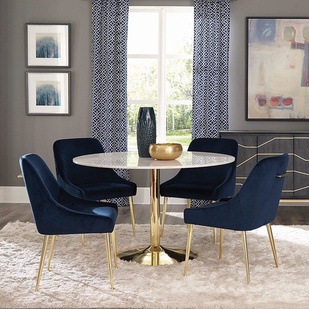 Marble and Brass 5 piece Round Dining Set with Blue Velvet Chairs