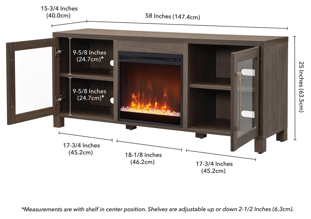 Classic TV Stand  MDF Frame With Fireplace and Glass Cabinet Doors  Alder Brown   Transitional   Entertainment Centers And Tv Stands   by Declusia  Houzz