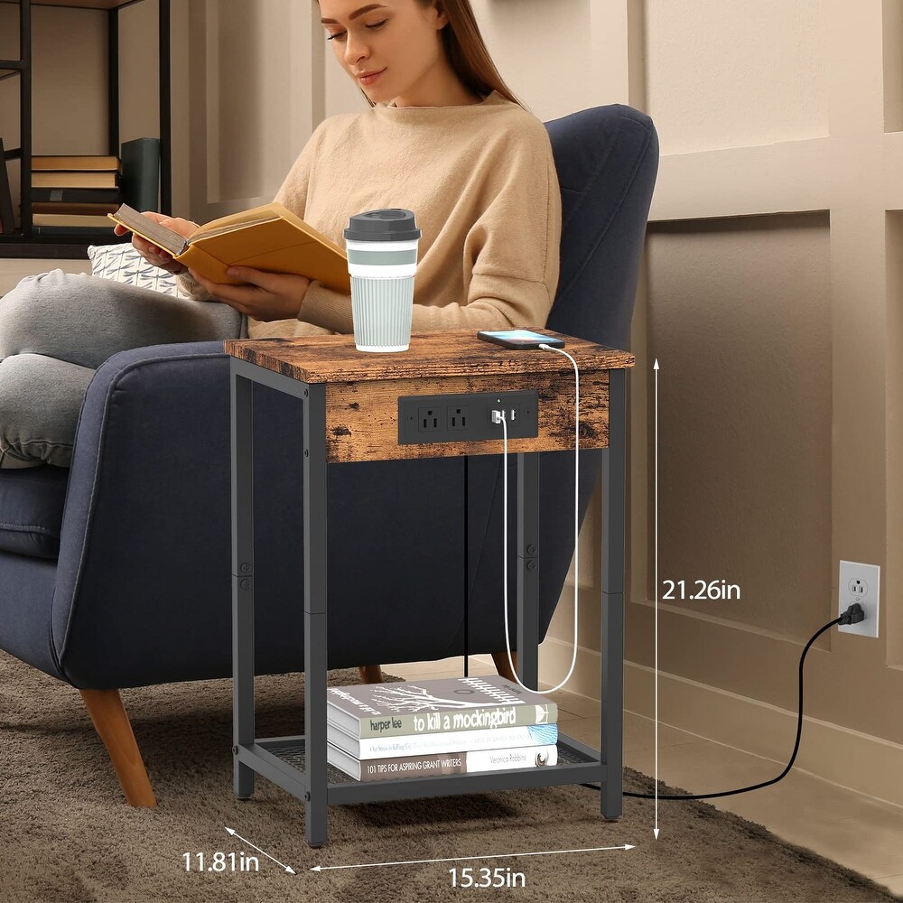 Nightstand with Charging Station Set of 2 Side End Table with USB Ports and Power Outlets Industrial Bedside