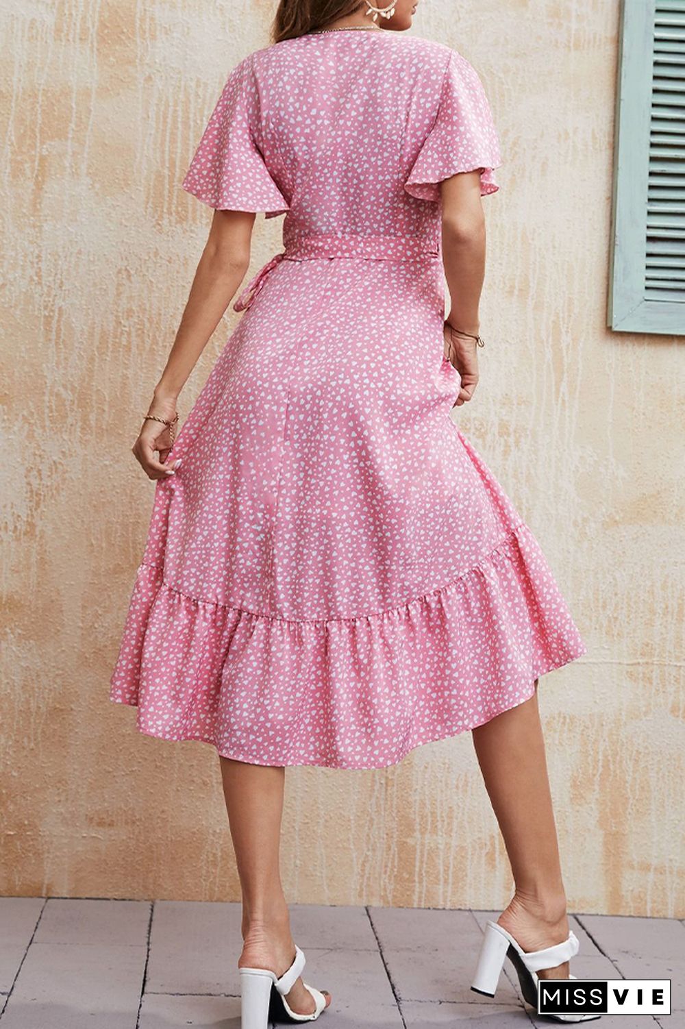 Wrap V Neck Waistband Pink Spot Print Midi Dress