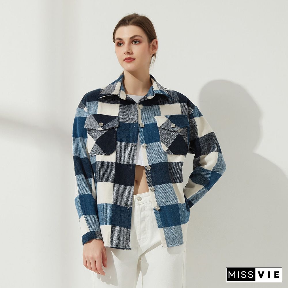 Womens Plaid Shirt Jacket Coat Ladies Pockets Thick Turn Down Collar Plus Size Female Outerwear