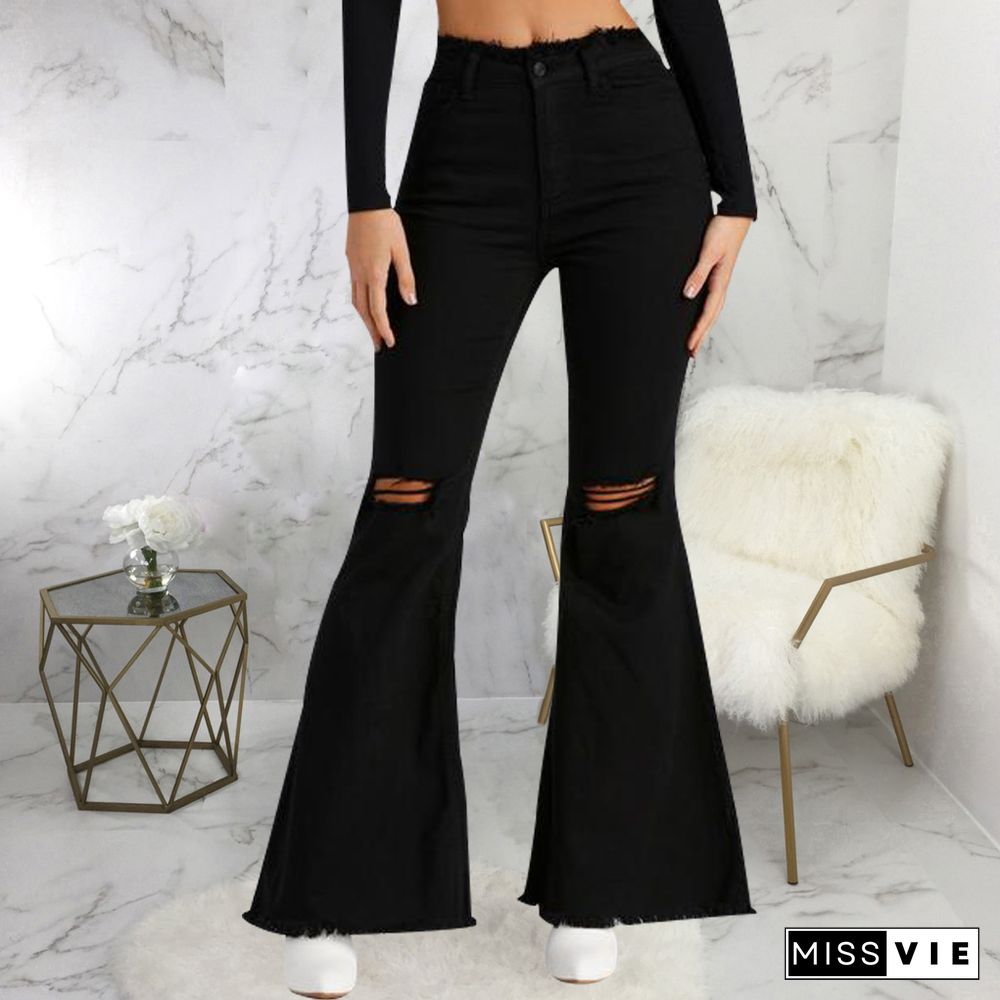 Plus Size Ripped High Waist Flare Denim Pants