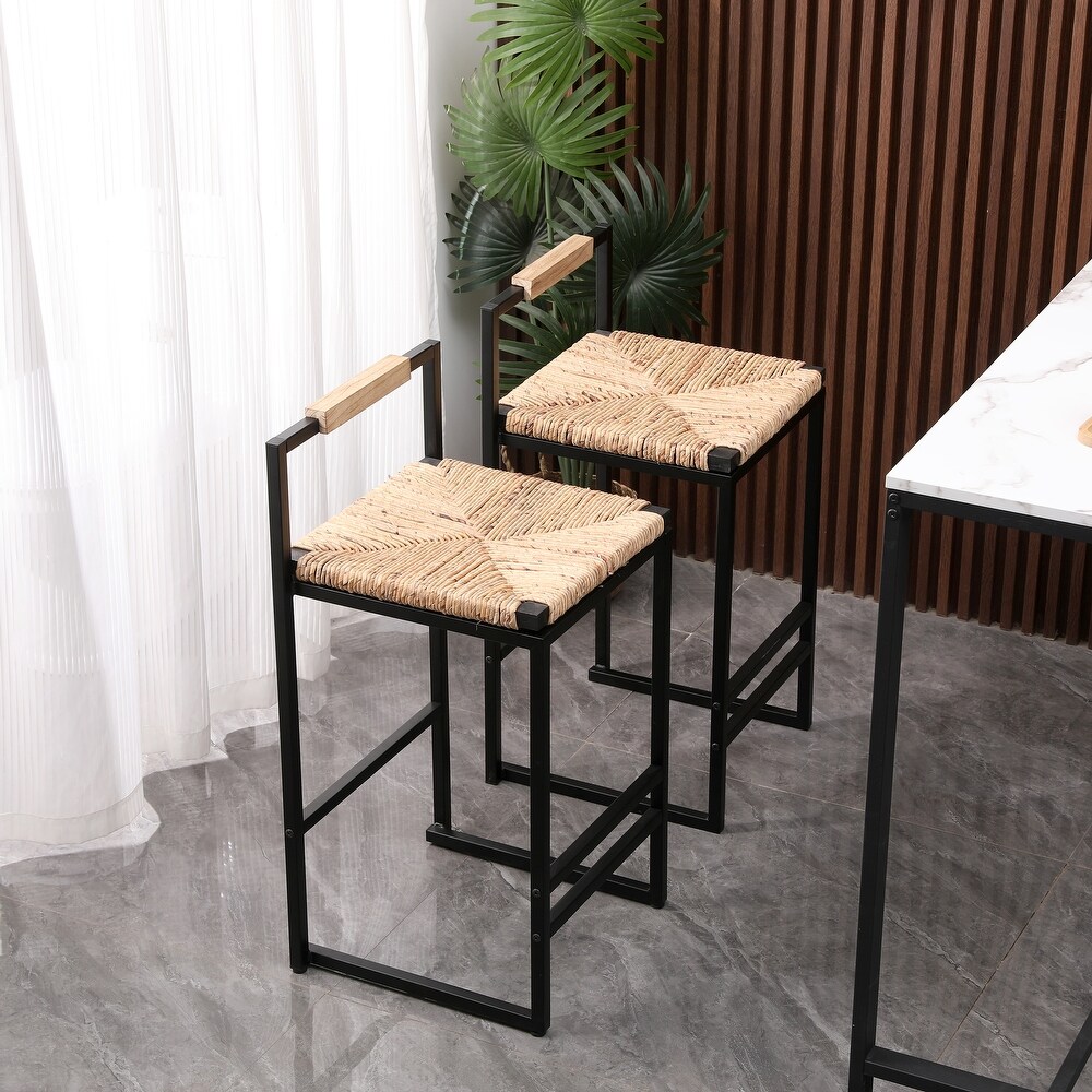 Set of 2 Pub Chairs Bar Stools with Woven Seat  Unique Bar Chairs with Footrest  Counter Height Dining Chairs  Accent Chairs