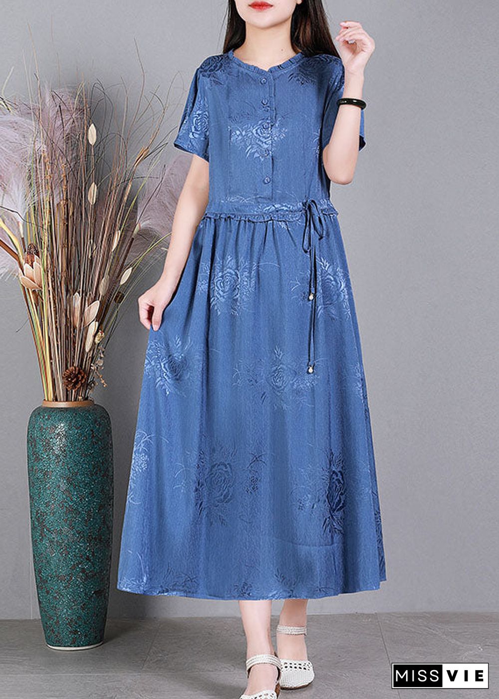 Diy Blue Ruffled Tie Waist Jacquard Silk Long Dress Short Sleeve