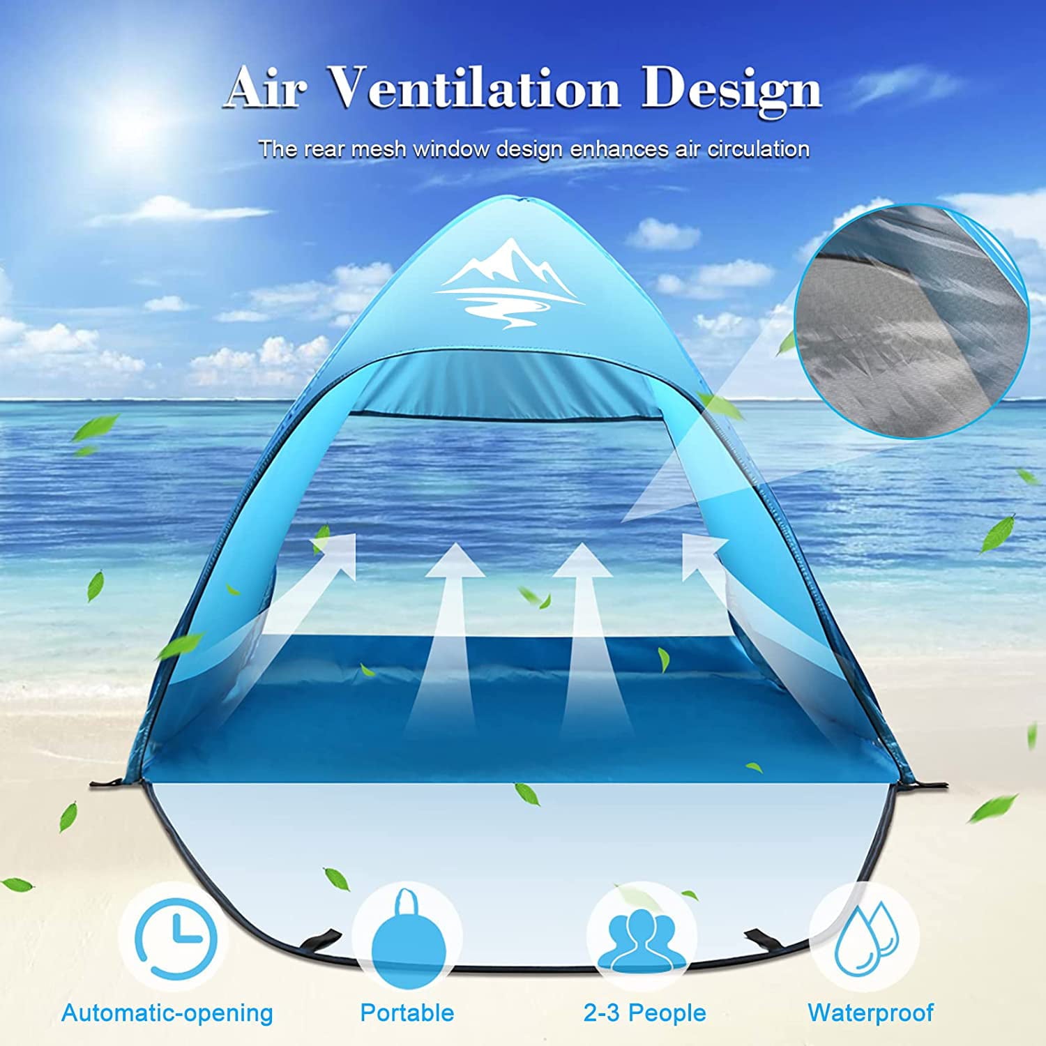 Pop Up Beach Tent UPF 50 Sun Shelter 2-3 Person Automatic Waterproof Fishing Picnic BFULL Camping Tent W/ Carry Bag Blue