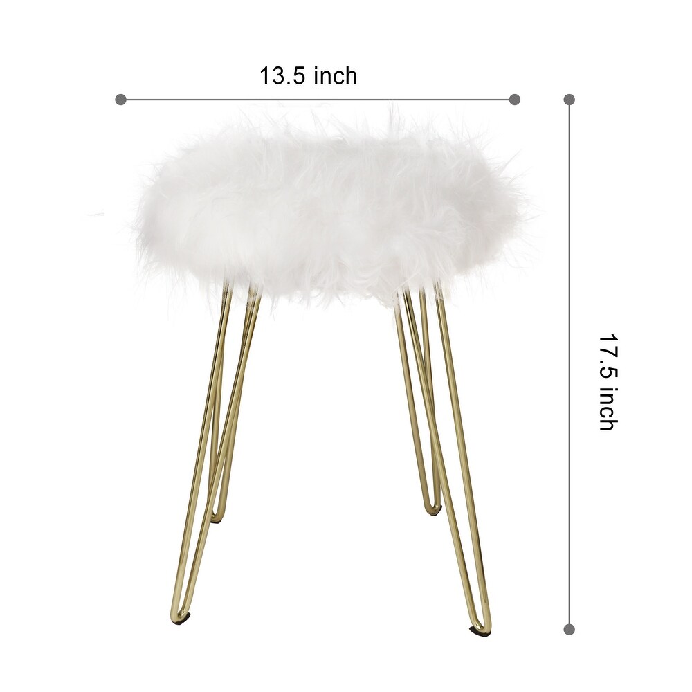 Faux Foot Stool/Vanity Chair with Golden Metal Legs  Small Fuzzy Fluffy Round Ottoman Storage   2 Pack