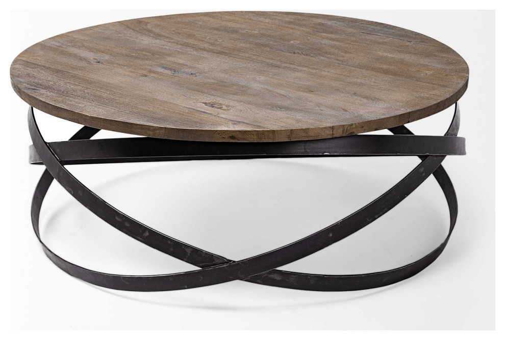 HomeRoots 40.5 quotRound Solid Wood Top Black Metal Base Coffee Table   Industrial   Coffee Tables   by VirVentures  Houzz