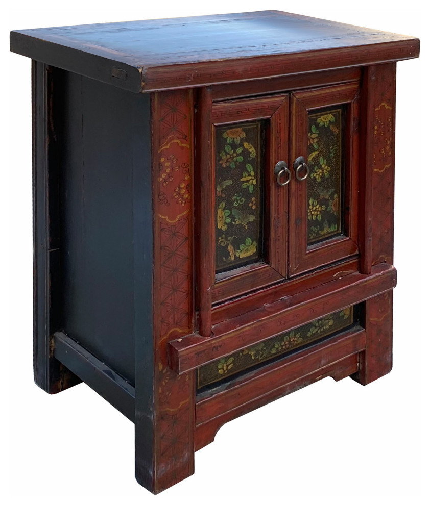 Chinese Vintage Brick Red Flower Graphic End Table Nightstand Hcs7070   Asian   Side Tables And End Tables   by Golden Lotus Antiques  Houzz