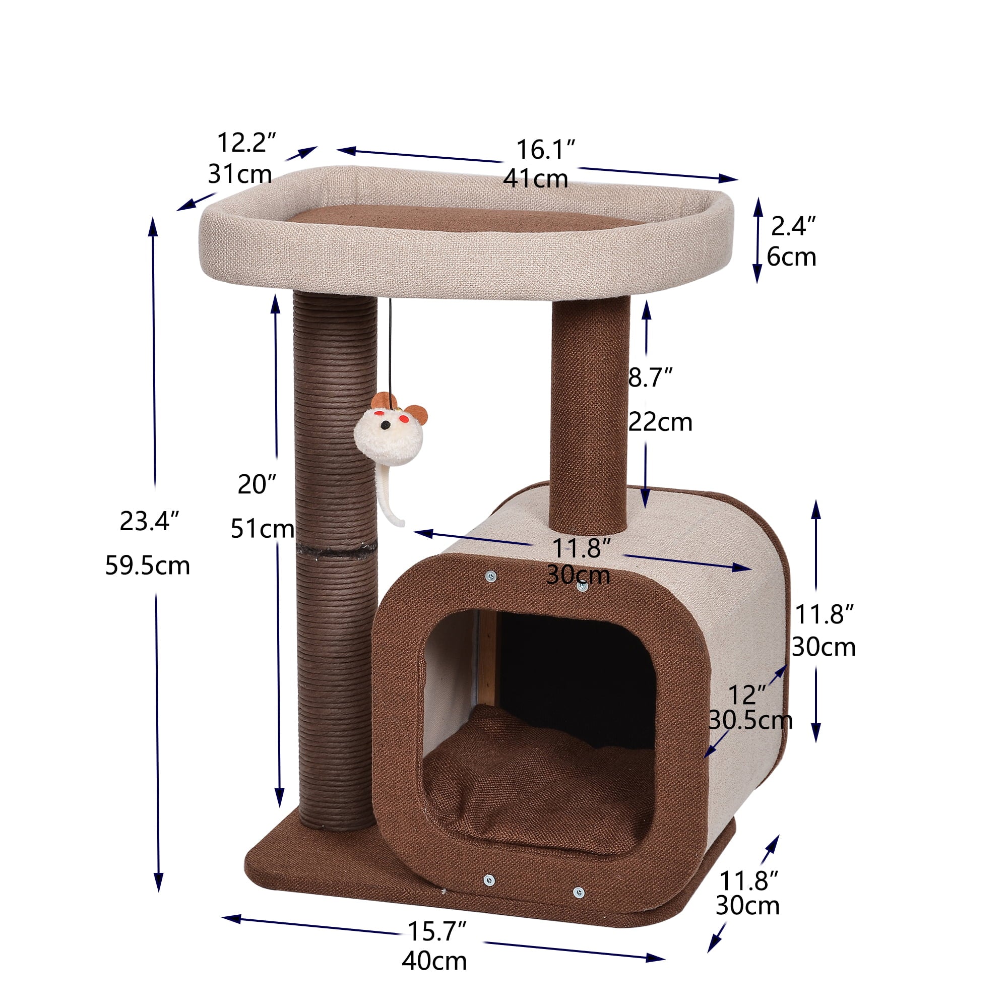 Catry 23" Condo Brown & Beige Cat Tree with Scratching Post Play House Indoor Multi-Level Climbing Cat Furniture w/ FREE Cat Teaser for Easter