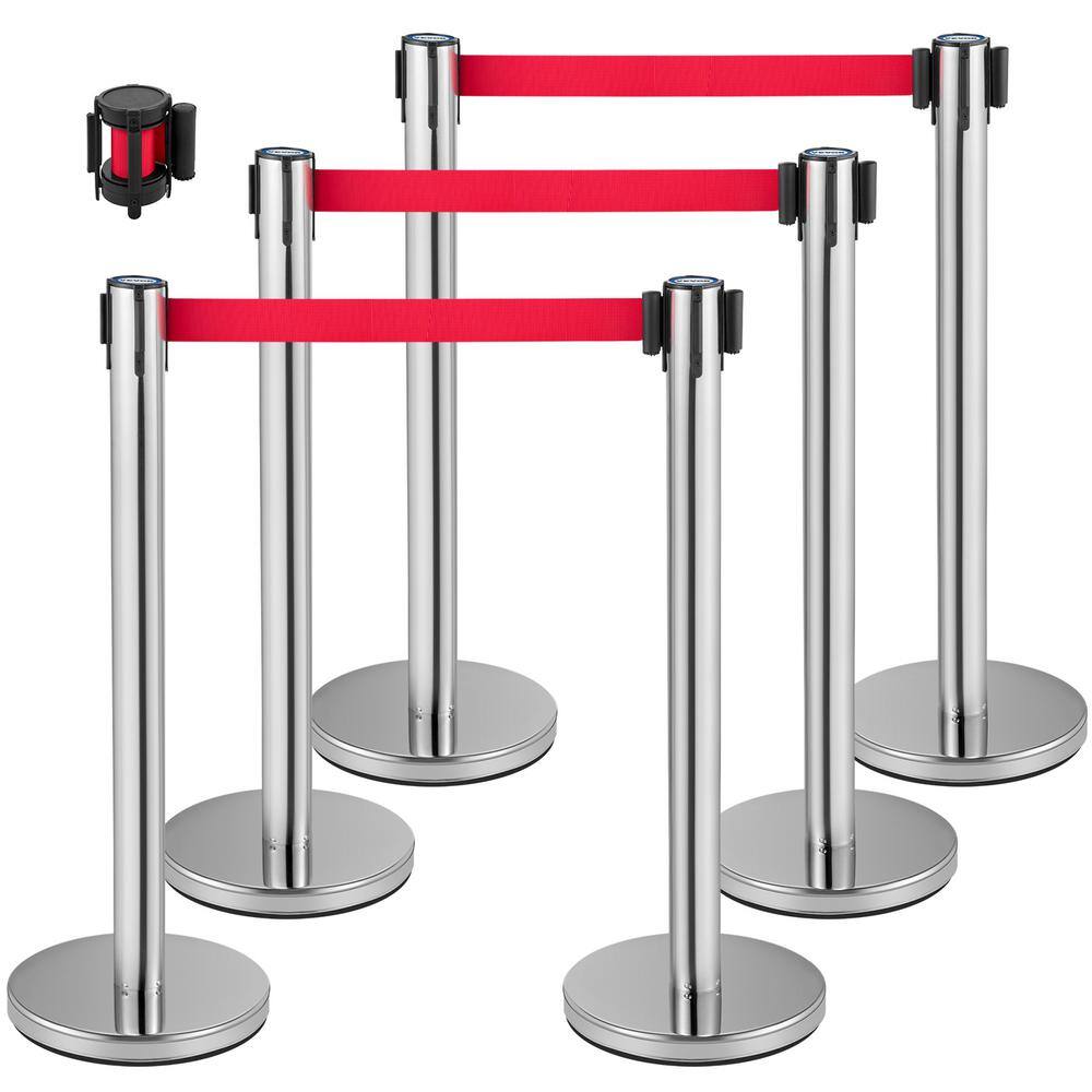 VEVOR 6.6 ft. Crowd Control Stanchion Set Red Retractable Belt Line Dividers with Sturdy Rubber Base in Silver (6-Pieces) GLZYSHDJTZGX6WOY8V0