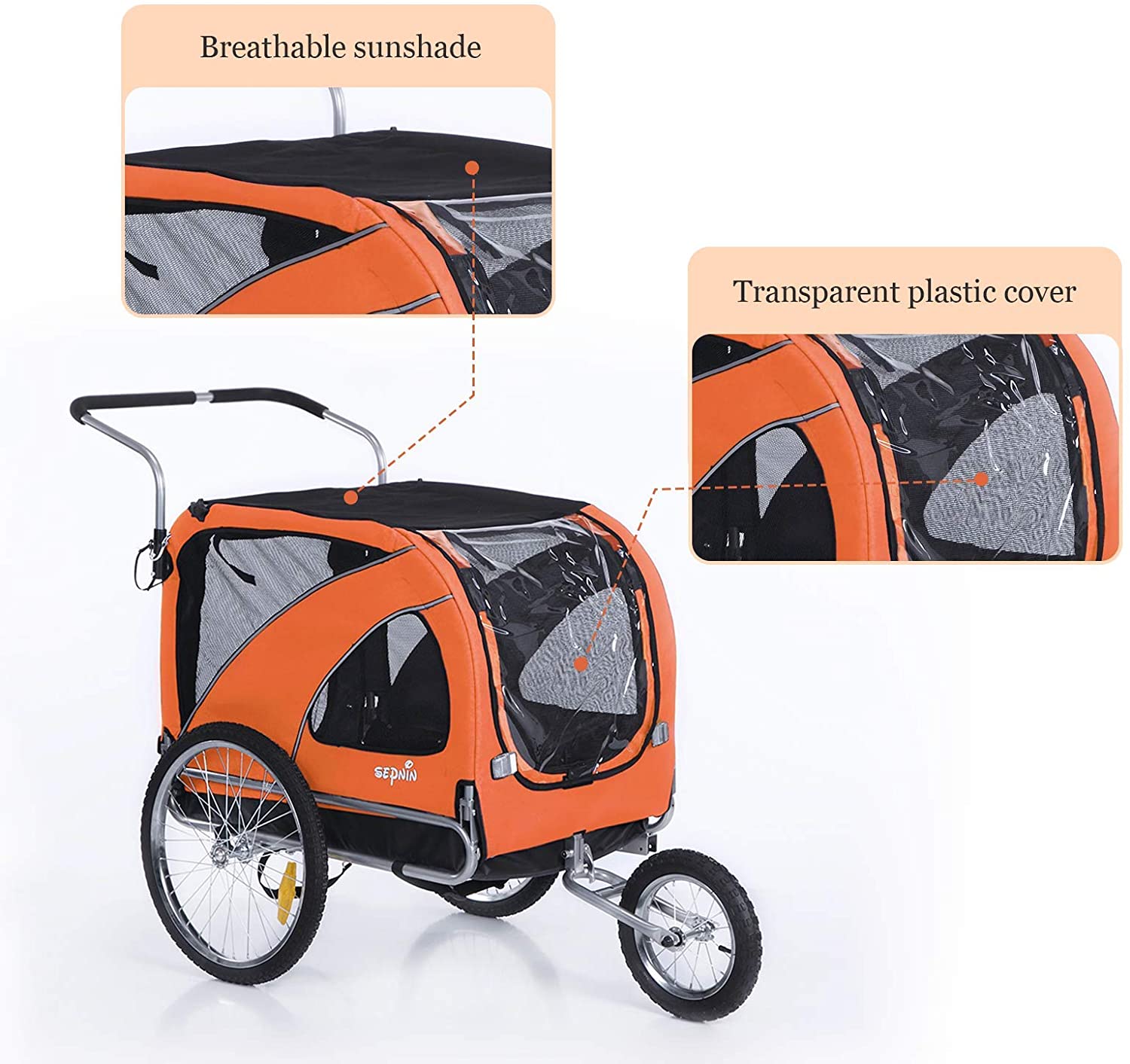 OWSOO Large pet Trailer and Jogger 2 in 1 Function(ORANGE)