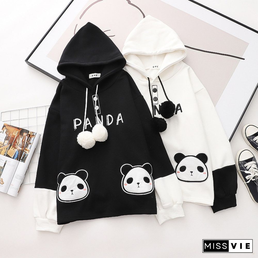 Cartoon Panda Letter Print Colorblock Plush Hoodie