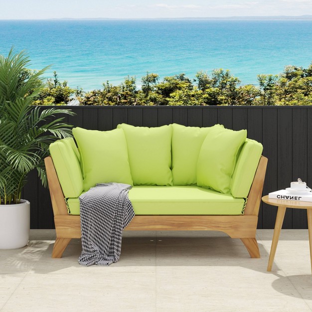 Serene Outdoor Acacia Wood Expandable Daybed With Cushions Teak light Green Christopher Knight Home