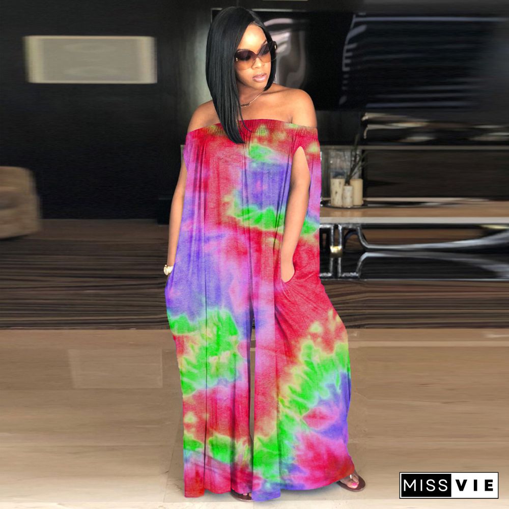 Sexy Tie-dye Printed One-line Shoulder Jumpsuit