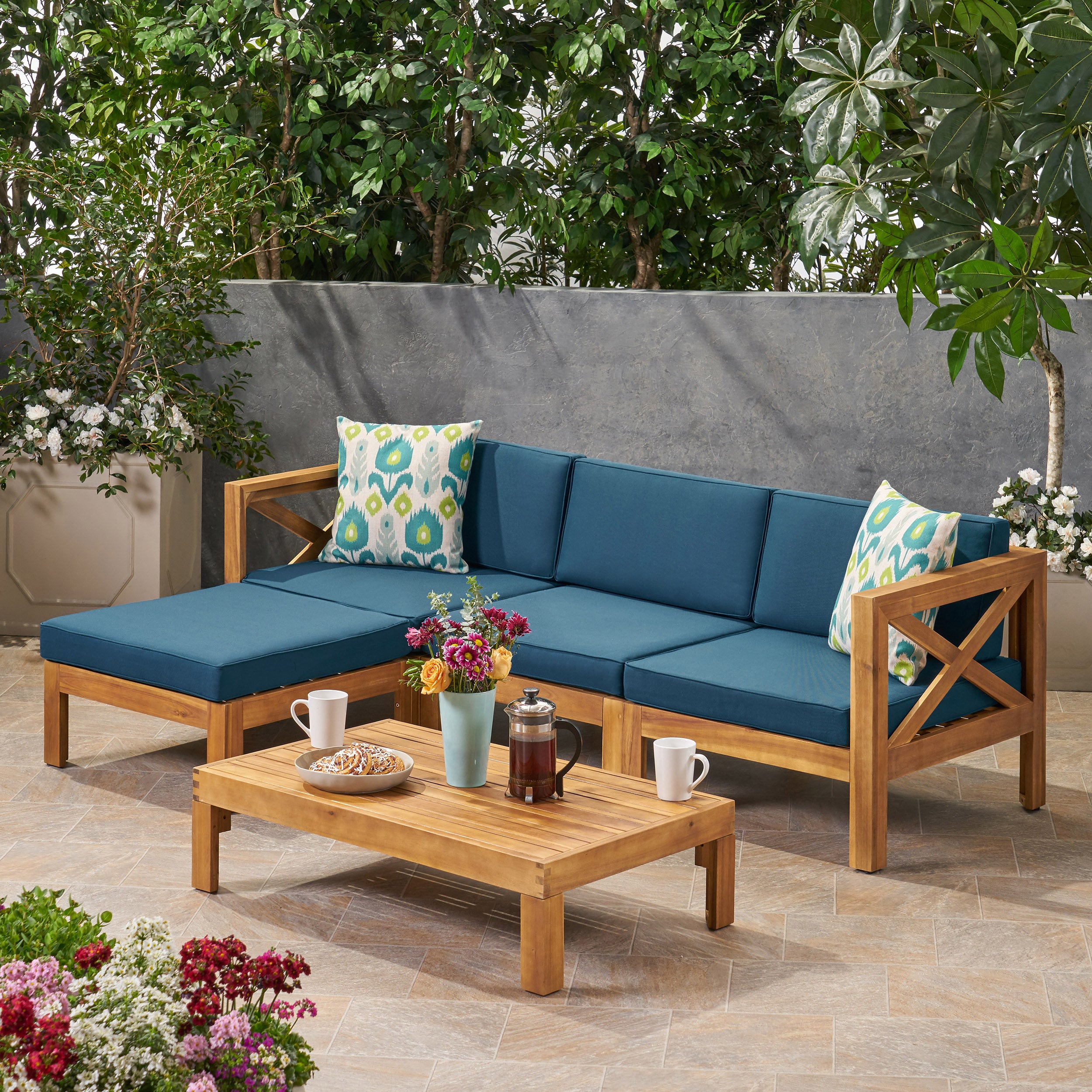 Mamie Outdoor Acacia Wood 5 Piece Sofa Set