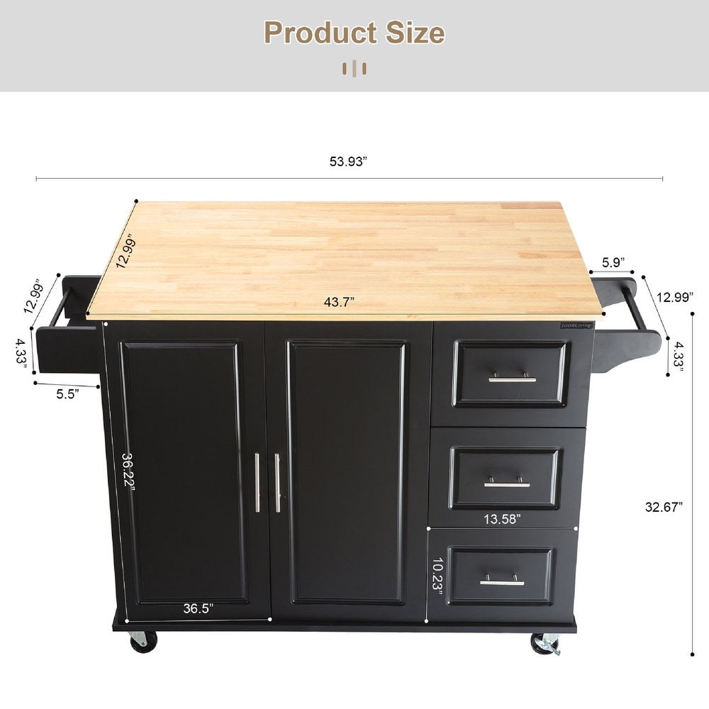 Kitchen Island with Extensible Rubber Wood Table Top Kitchen Cart with Storage Cabinet   Drawers for Dinning Room Black