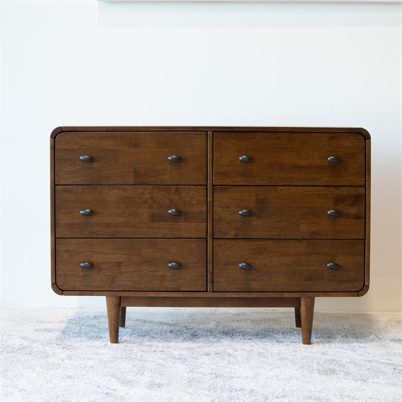 Pemberly Row Mid-Century 6-Drawer Double-Dresser Solid Wood in Brown