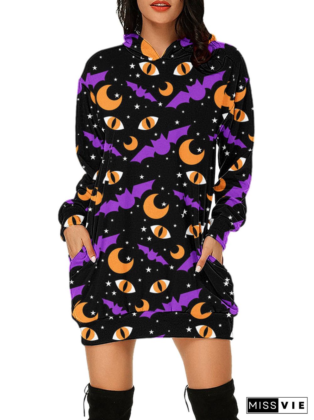 Women's  Halloween Graphic Printed V-Neck Hooded Long Sleeve Maxi Dress