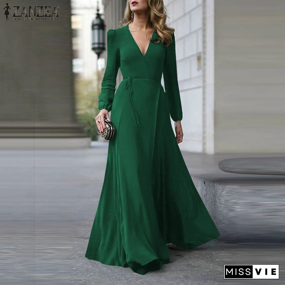 ZANZEA Autumn Long Sleeve Maxi Dresses Women Sexy Deep V Neck Bohemian Party Wedding Dress