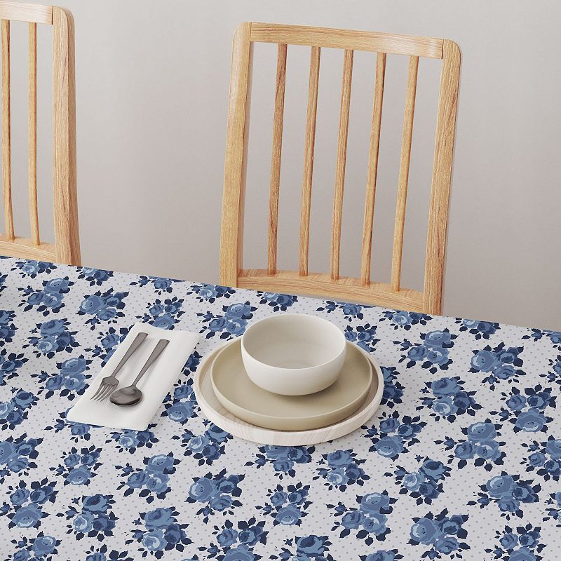 Square Tablecloth， 100% Polyester， 54x54， Blue Floral and Dots