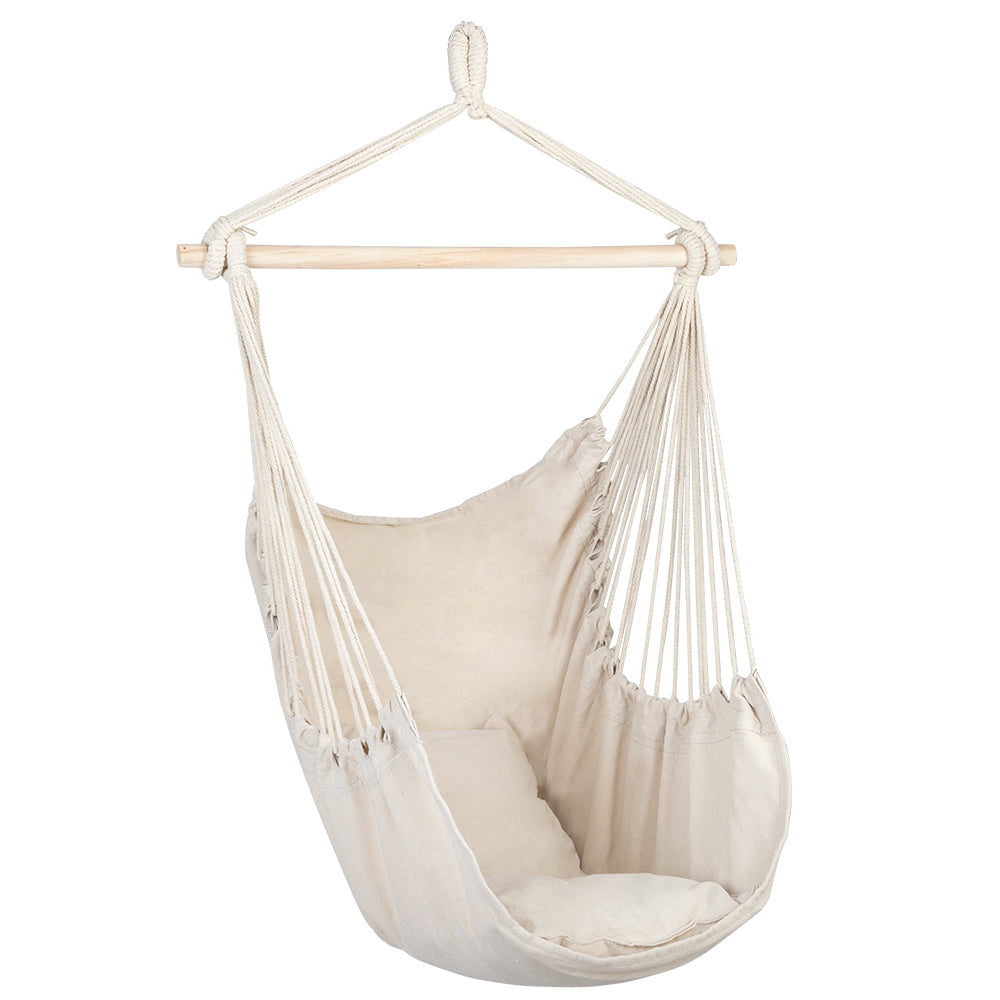 Hammock Chair Swing, Fityou Hanging Rope Indoor Outdoor Relaxing Swinging Seat with 2 Cushions Beige for Patio Bedroom Garden