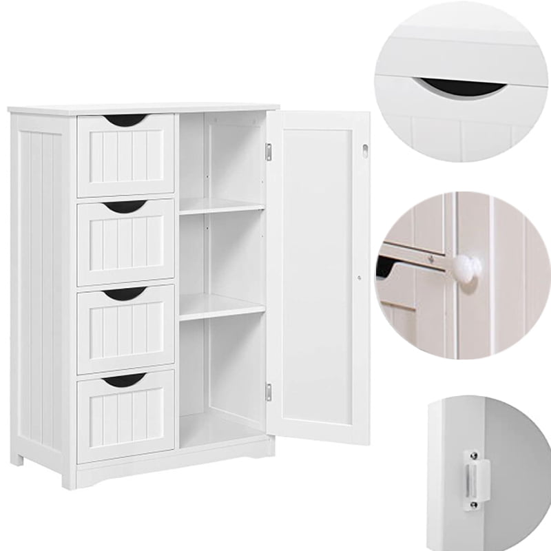 SUGIFT 4 Drawer Storage Cabinet, Wooden Bathroom Cabinet Storage Cupboard 2 Shelves, White