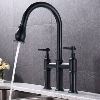 FLG Double Handle Bridge Kitchen Faucet with Pull Down Sprayer 3 Hole 304 Stainless Steel Kitchen Sink Faucet in Matte Black KK-0062-MB