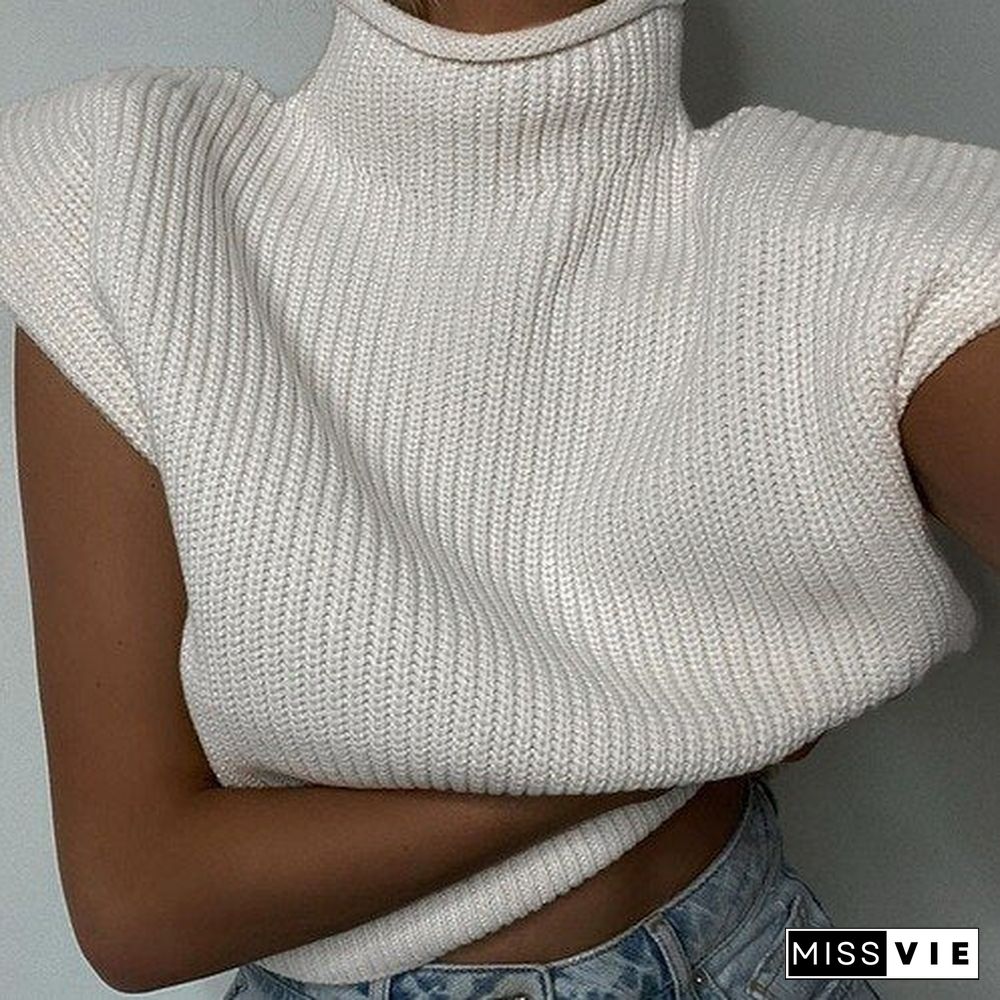 Women Knitted Sweaters Sleeveless Harajuku Solid Casual Turtleneck Pullover Knitting Vest Spring Jumper Tank Top Sweater Female