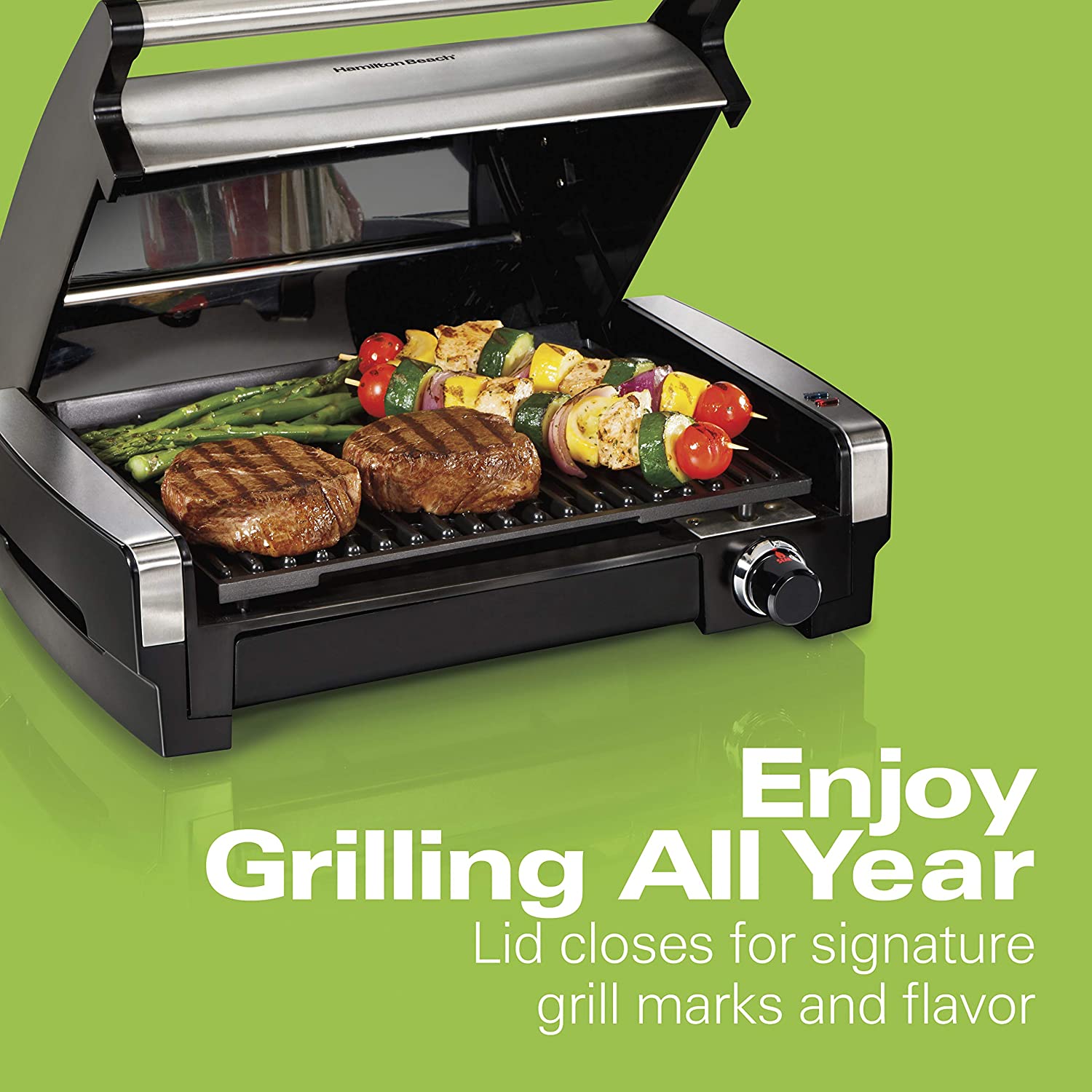 Hamilton Beach Electric Indoor Searing Grill Removable Easy - 12.5-in L x 9.6-in W Non-Stick Contact Grill， 6-Serving， Extra-Large Drip Tray， Stainless Steel (25360)