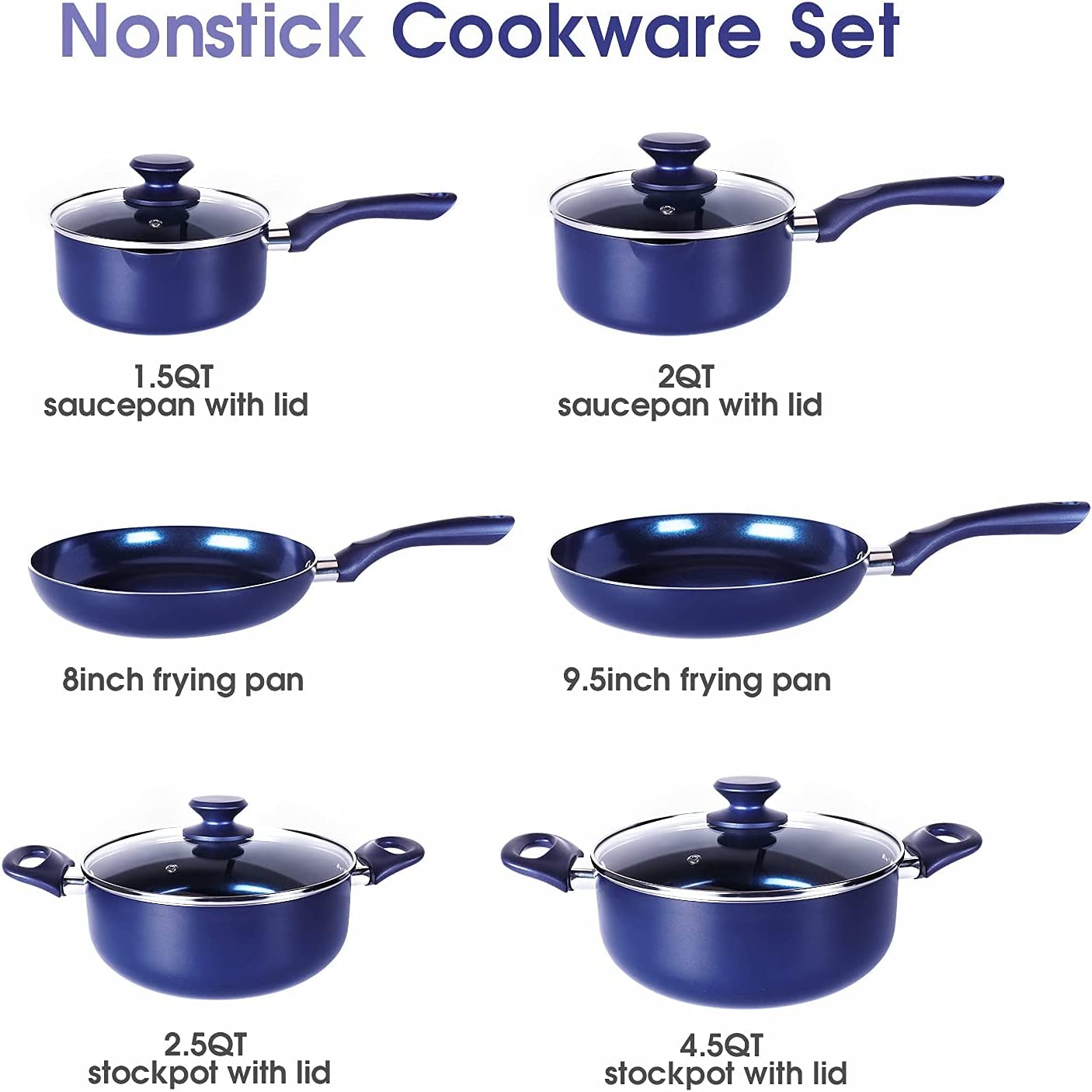 6 Pieces Pots and Pans Set,Aluminum Cookware Set, Nonstick Ceramic Coating, Fry Pan, Stockpot with Lid, Blue