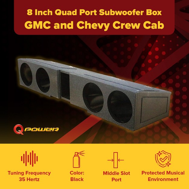 Qpower Qbgmcff07408 8 Inch Quad Port Subwoofer Enclosure Box With Underseat Front Fire For Gmc And Chevy Crew Cab 2007 To Current