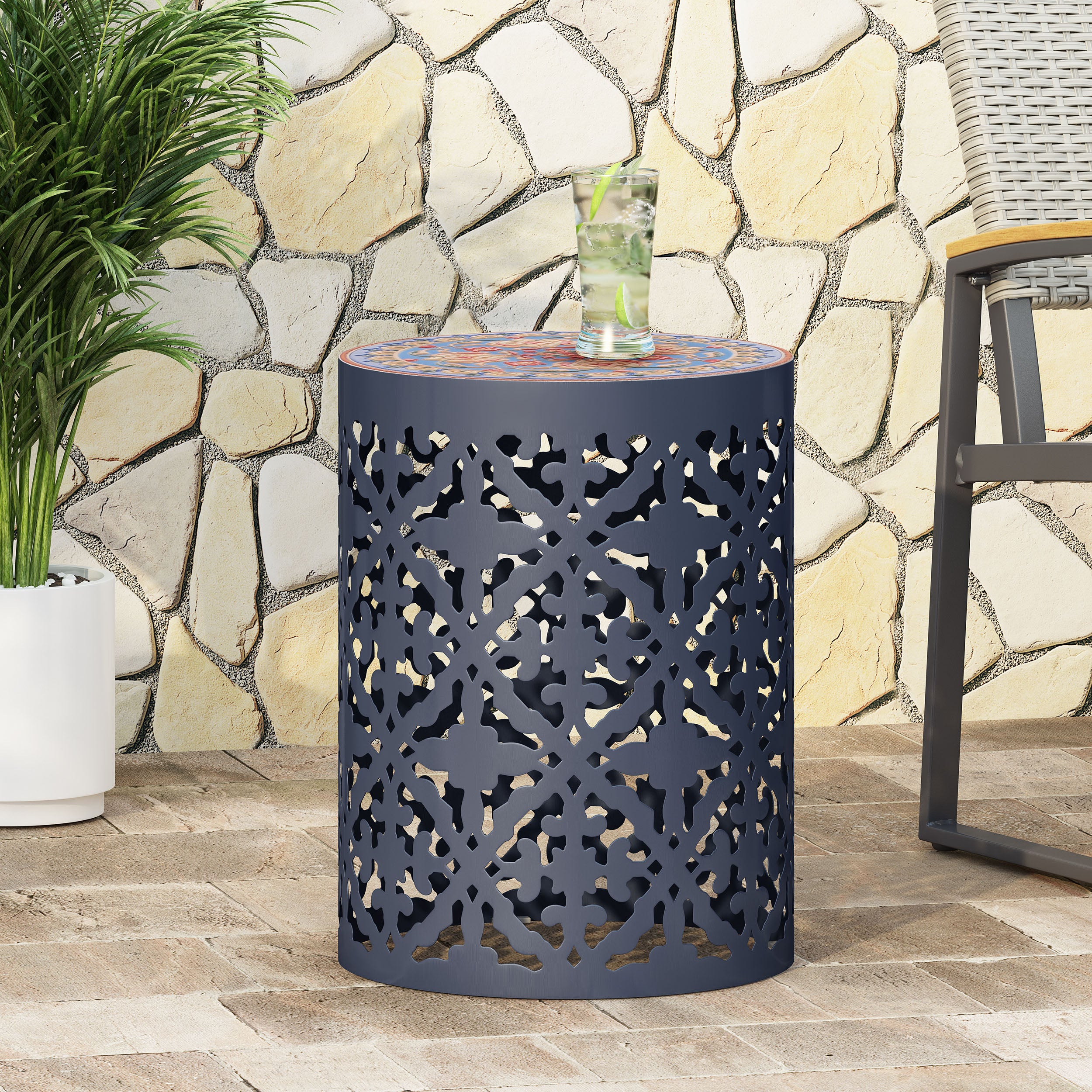 Kenzi Outdoor Lace Cut Side Table with Tile Top