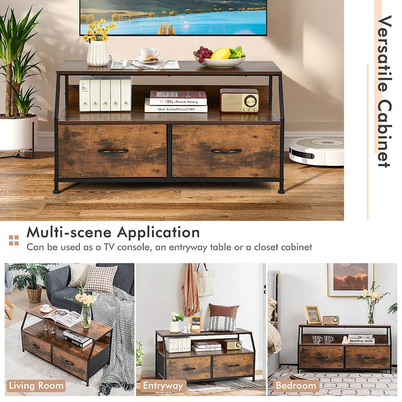 Dresser TV Stand with 2 Folding Fabric Drawers and Open Shelves-Rustic Brown