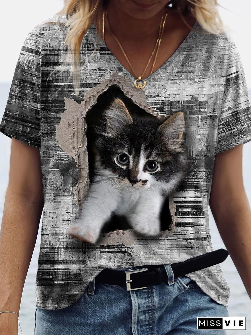 Women'S T-Shirts Cat Print V-Neck Short Sleeve T-Shirt