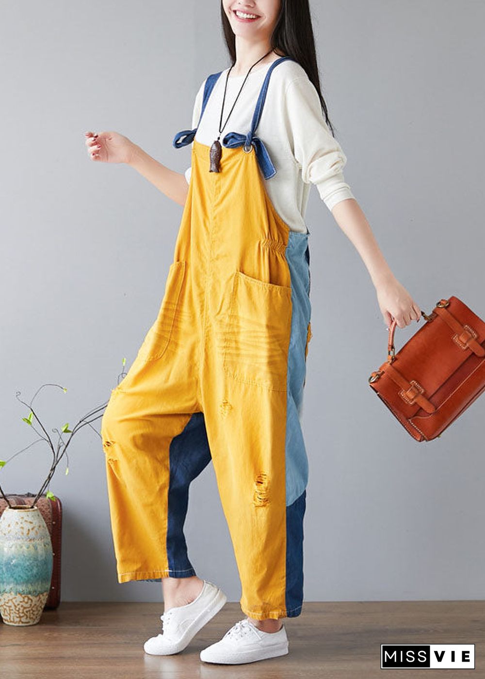 Fashion Yellow pockets Patchwork denim Jumpsuit Spring