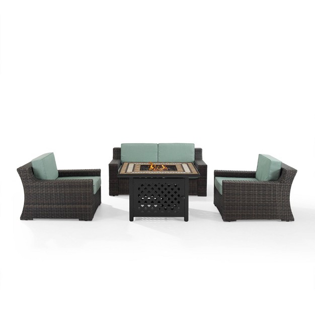 Beaufort 4 Pc Outdoor Wicker Conversation Set Love Seat And 2 Chairs With Fire Table Mist brown Crosley