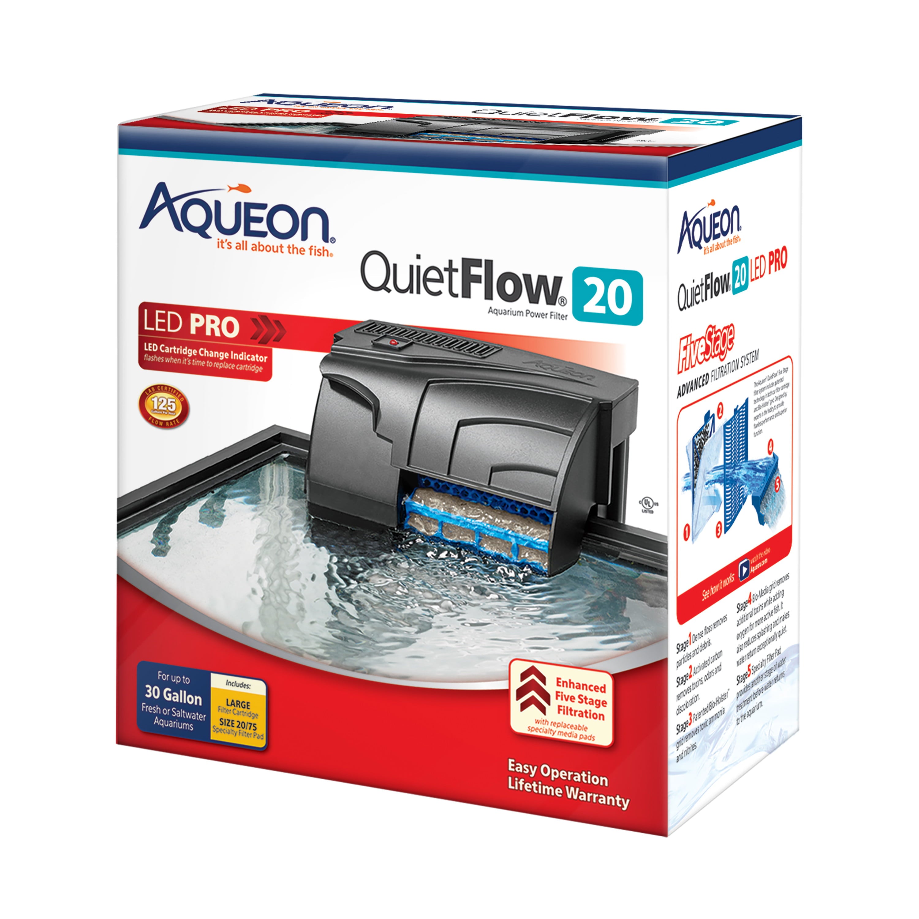 Aqueon QuietFlow LED PRO Aquarium Power Filter， Size 20