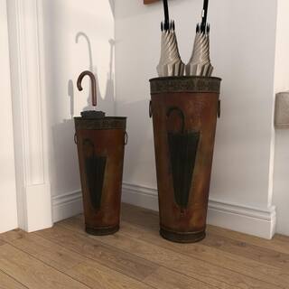 Litton Lane Brown Metal Umbrella Stand with Umbrella Image and Handles (Set of 2) 96571