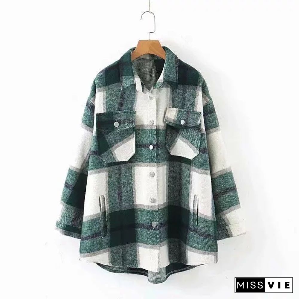 Womens Plaid Shirt Jacket Coat Ladies Pockets Thick Turn Down Collar Plus Size Female Outerwear