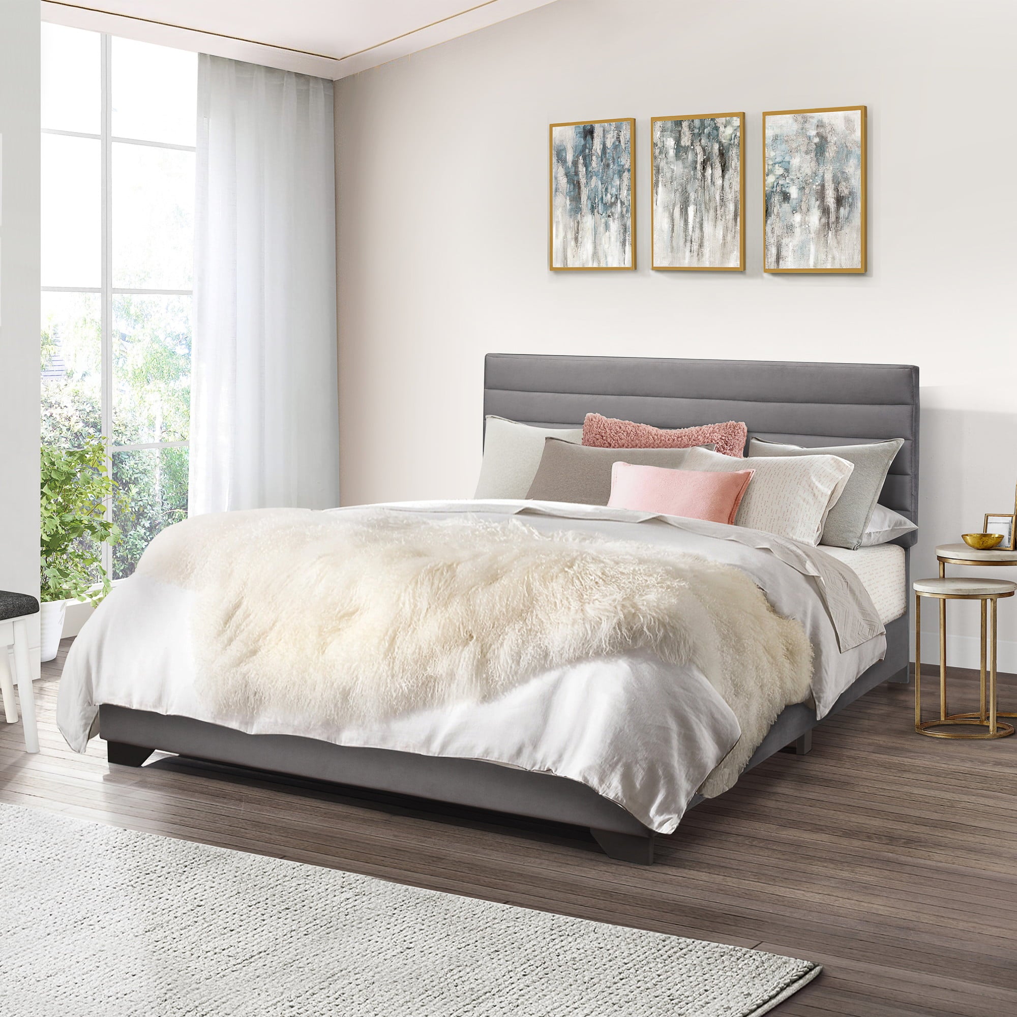 Edie Upholstered Queen Horizonal Tuft Platform Bed, Charcoal