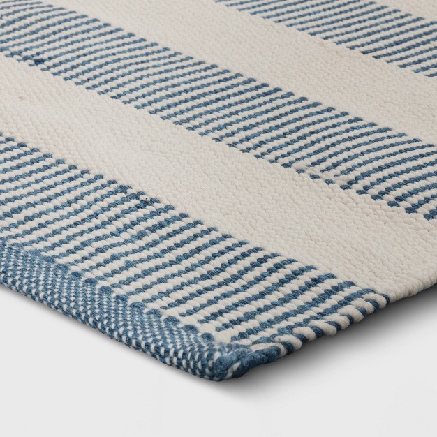 Rectangular Hand Made Woven Outdoor Rug Striped Ivory blue Designed With Studio Mcgee