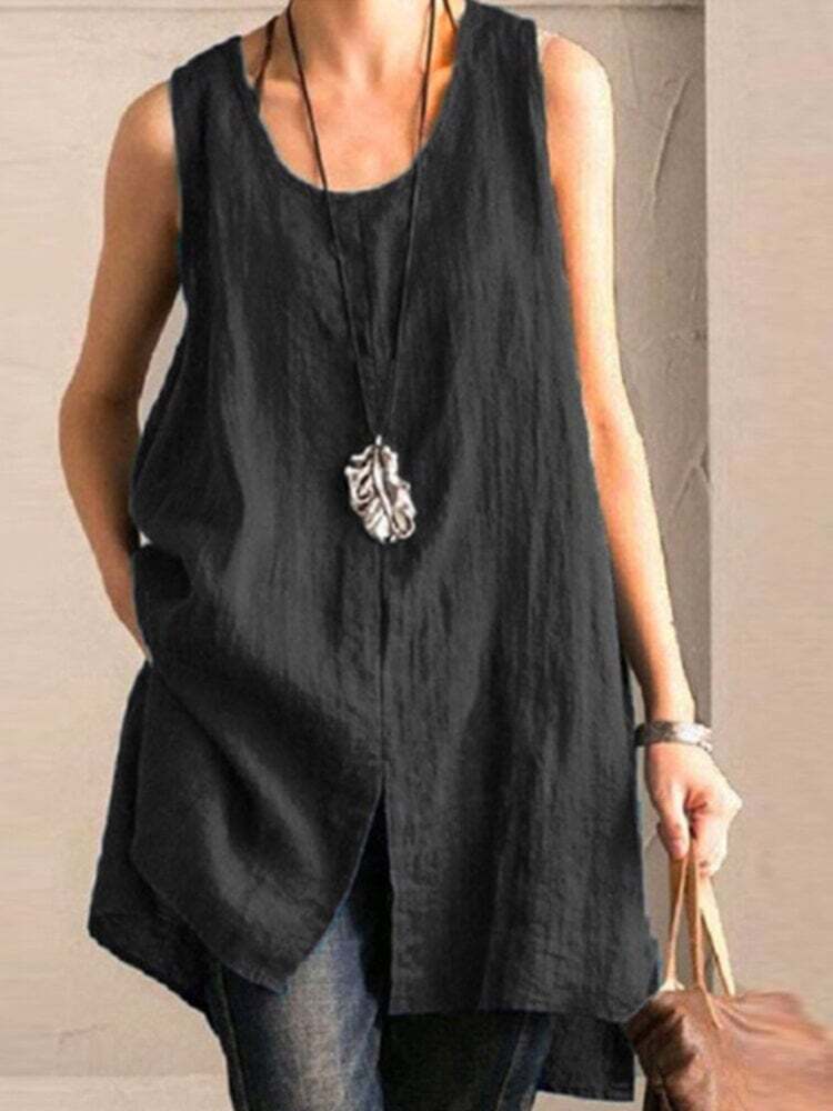 Solid Slit Hem Crew Neck Casual Tank Top